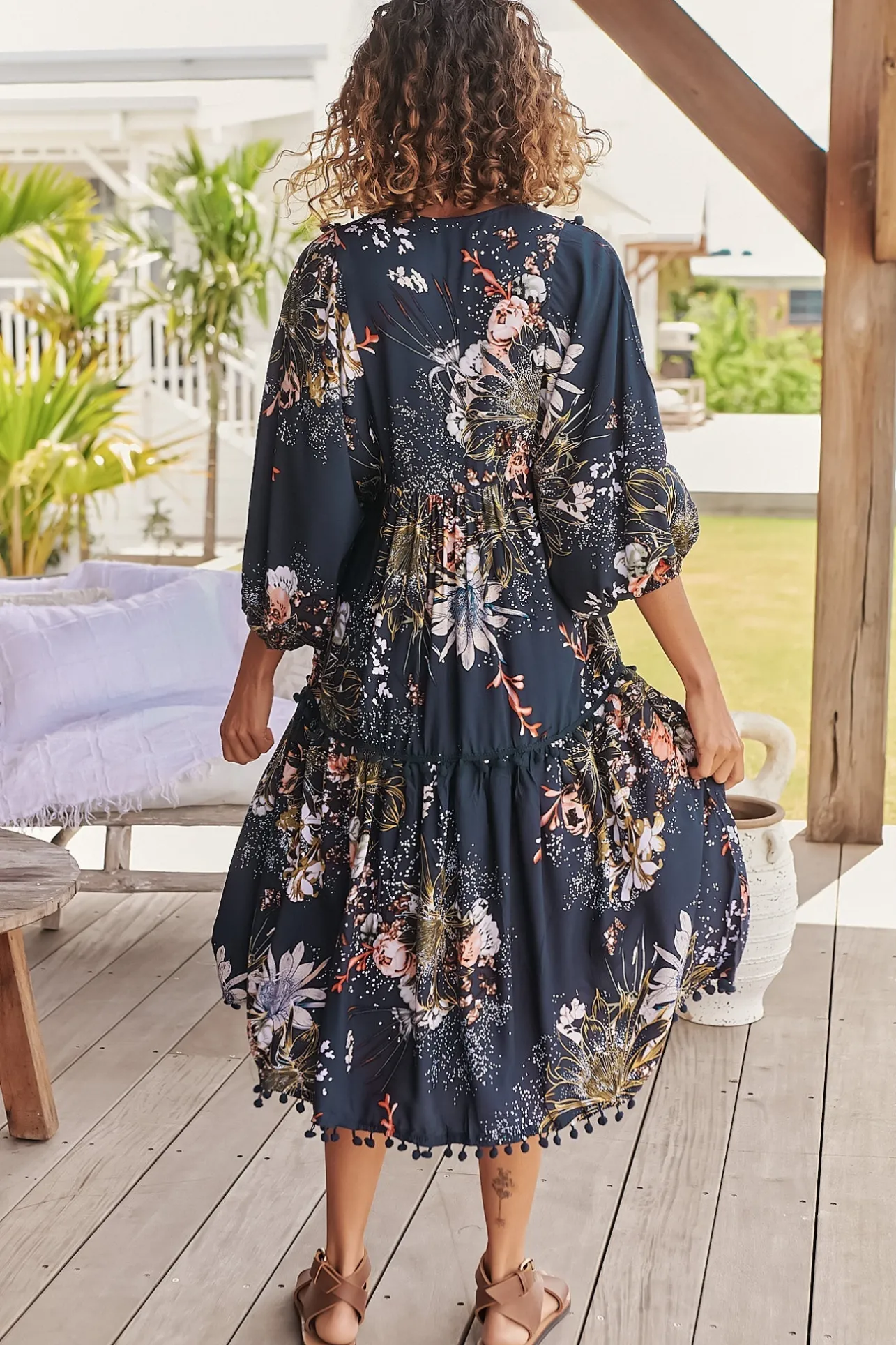 Palace Midi Dress - Pom Pom Spliced Batwing Sleeve Dress with Neck Tie in Indigo Print>Jaase Best