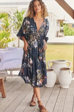 Palace Midi Dress - Pom Pom Spliced Batwing Sleeve Dress with Neck Tie in Indigo Print><noscript><img width=