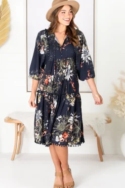 Palace Midi Dress - Pom Pom Spliced Batwing Sleeve Dress with Neck Tie in Indigo Print><noscript><img width=