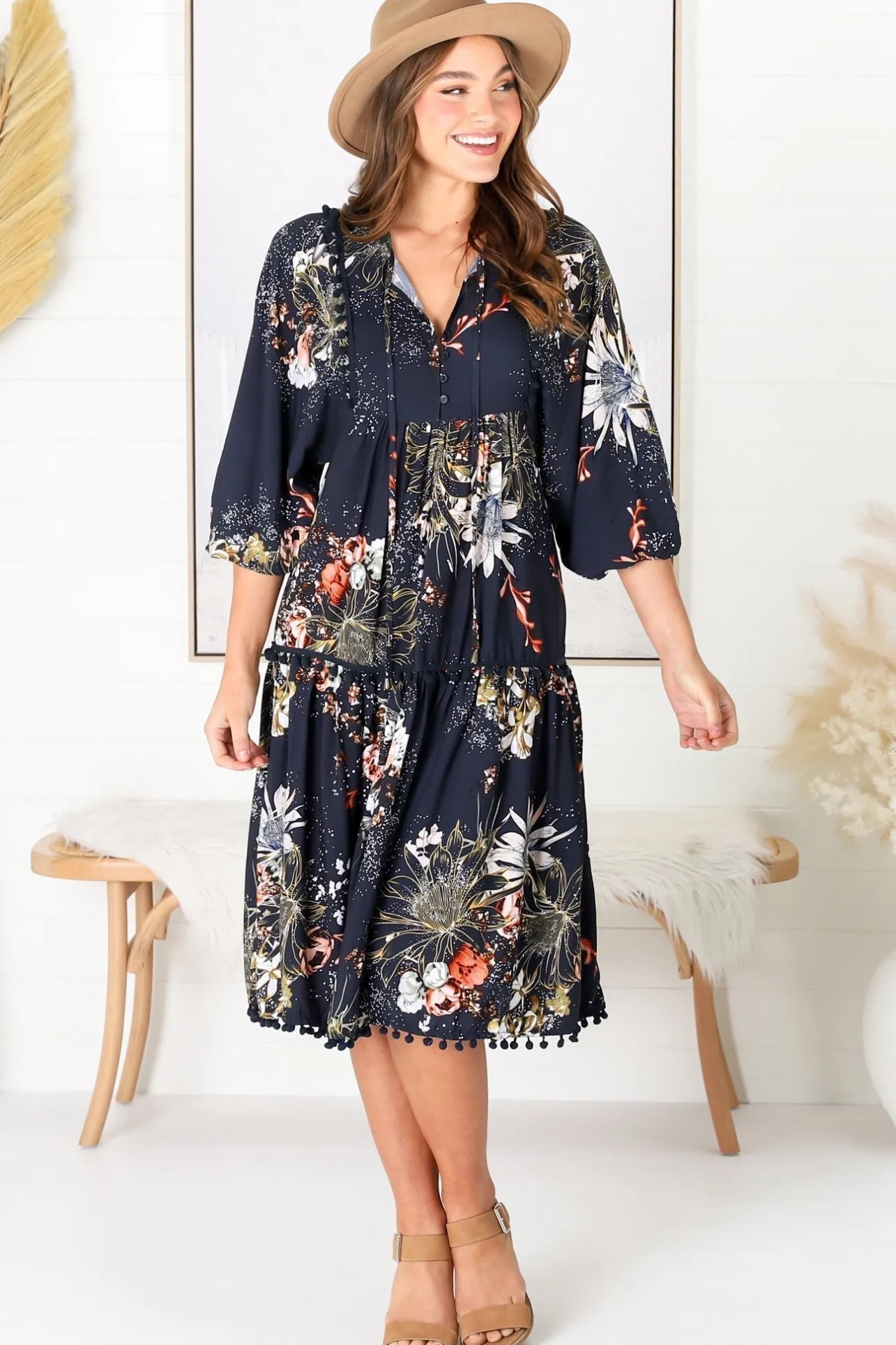 Palace Midi Dress - Pom Pom Spliced Batwing Sleeve Dress with Neck Tie in Indigo Print>Jaase Best