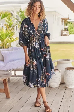 Palace Midi Dress - Pom Pom Spliced Batwing Sleeve Dress with Neck Tie in Indigo Print><noscript><img width=