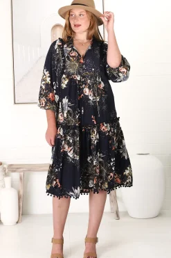 Palace Midi Dress - Pom Pom Spliced Batwing Sleeve Dress with Neck Tie in Indigo Print><noscript><img width=