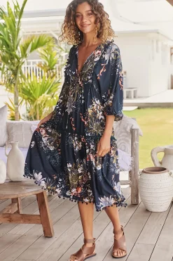 Palace Midi Dress - Pom Pom Spliced Batwing Sleeve Dress with Neck Tie in Indigo Print><noscript><img width=