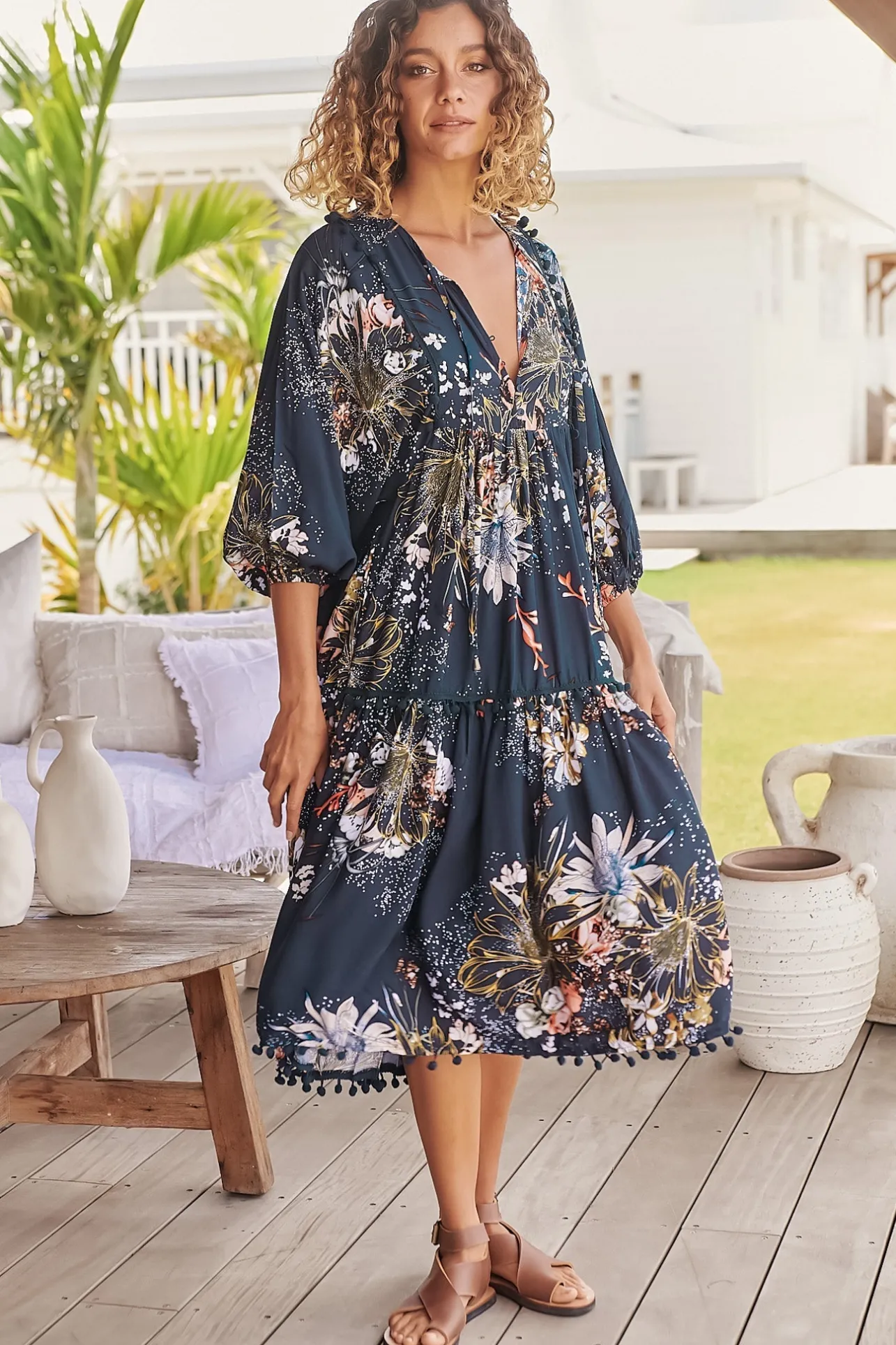Palace Midi Dress - Pom Pom Spliced Batwing Sleeve Dress with Neck Tie in Indigo Print>Jaase Best