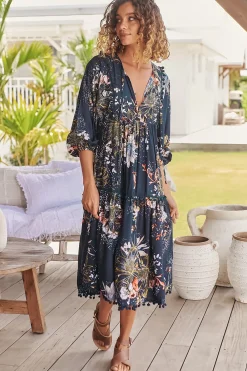 Palace Midi Dress - Pom Pom Spliced Batwing Sleeve Dress with Neck Tie in Indigo Print><noscript><img width=