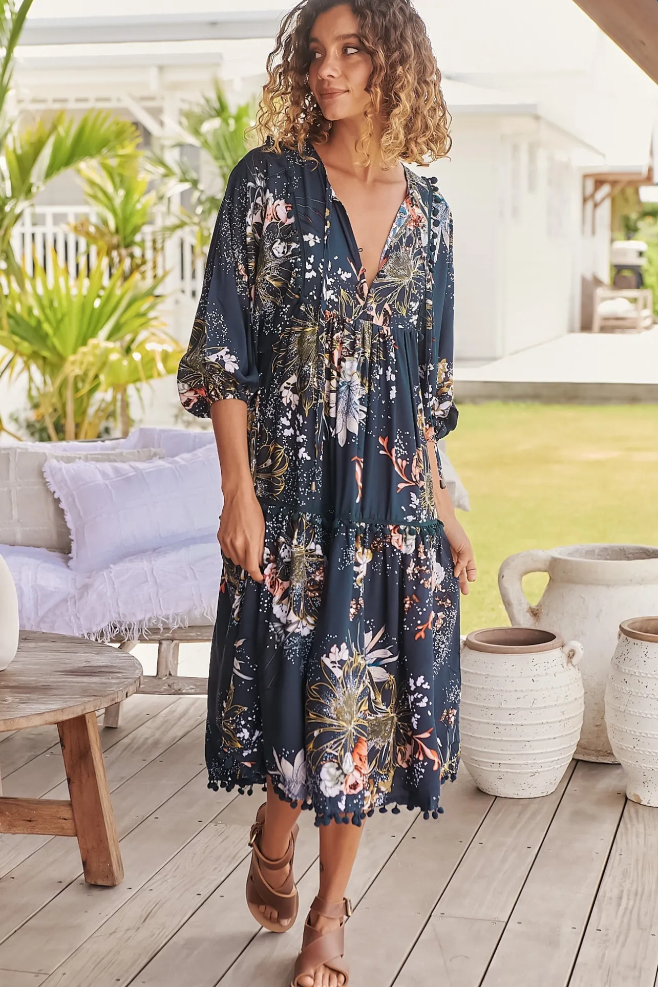 Palace Midi Dress - Pom Pom Spliced Batwing Sleeve Dress with Neck Tie in Indigo Print>Jaase Best