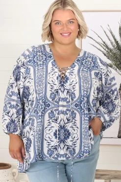Palas Top - V Neck Slouch Blouse with Criss Cross Bust Tie In Denim Dreams Print>Jaase New