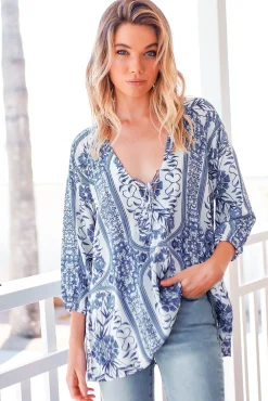 Palas Top - V Neck Slouch Blouse with Criss Cross Bust Tie In Denim Dreams Print><noscript><img width=