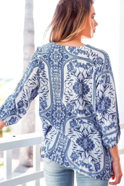 Palas Top - V Neck Slouch Blouse with Criss Cross Bust Tie In Denim Dreams Print><noscript><img width=