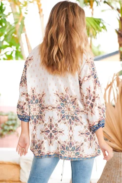 Palas Top - V Neck Slouch Blouse with Criss Cross Bust Tie In Gemstone Print><noscript><img width=