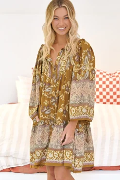 Palma Mini Dress - Long Sleeve Button Down Smock Dress with Neck Tie in Emre Print>Jaase Sale