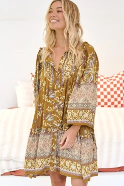 Palma Mini Dress - Long Sleeve Button Down Smock Dress with Neck Tie in Emre Print><noscript><img width=