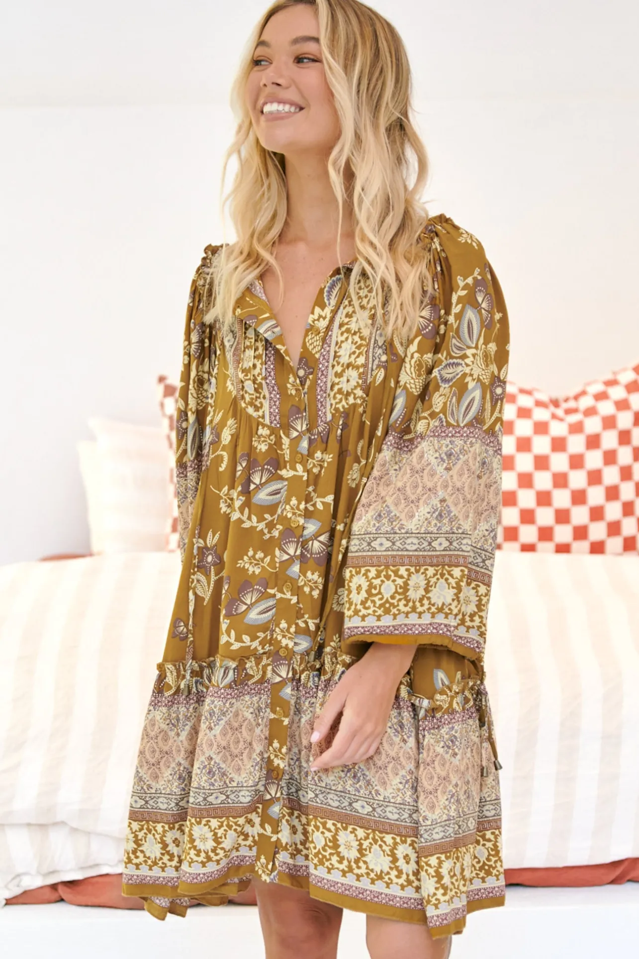 Palma Mini Dress - Long Sleeve Button Down Smock Dress with Neck Tie in Emre Print>Jaase Sale