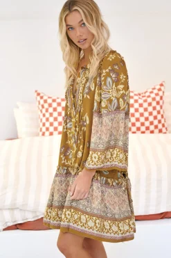 Palma Mini Dress - Long Sleeve Button Down Smock Dress with Neck Tie in Emre Print><noscript><img width=