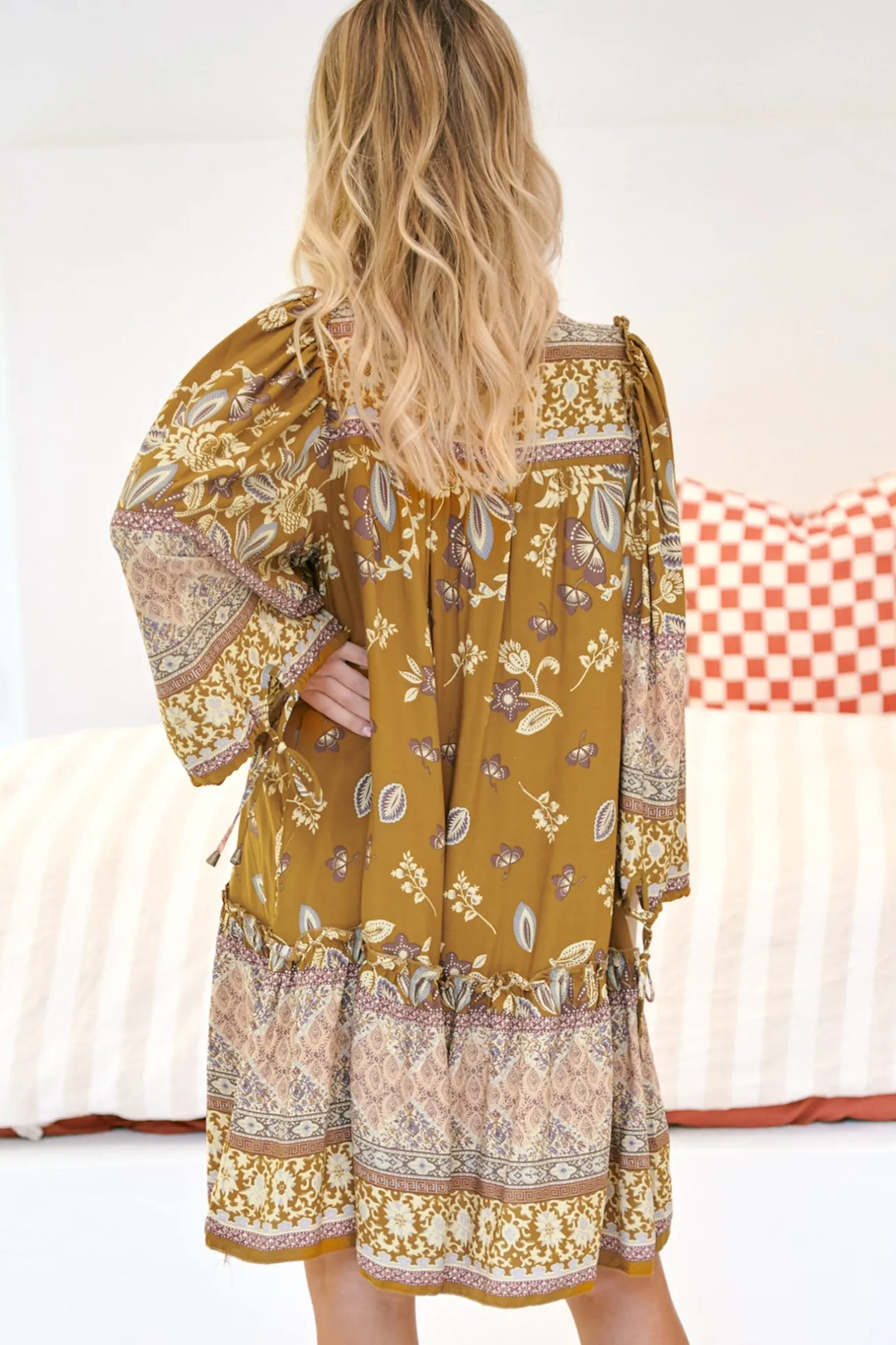 Palma Mini Dress - Long Sleeve Button Down Smock Dress with Neck Tie in Emre Print>Jaase Sale