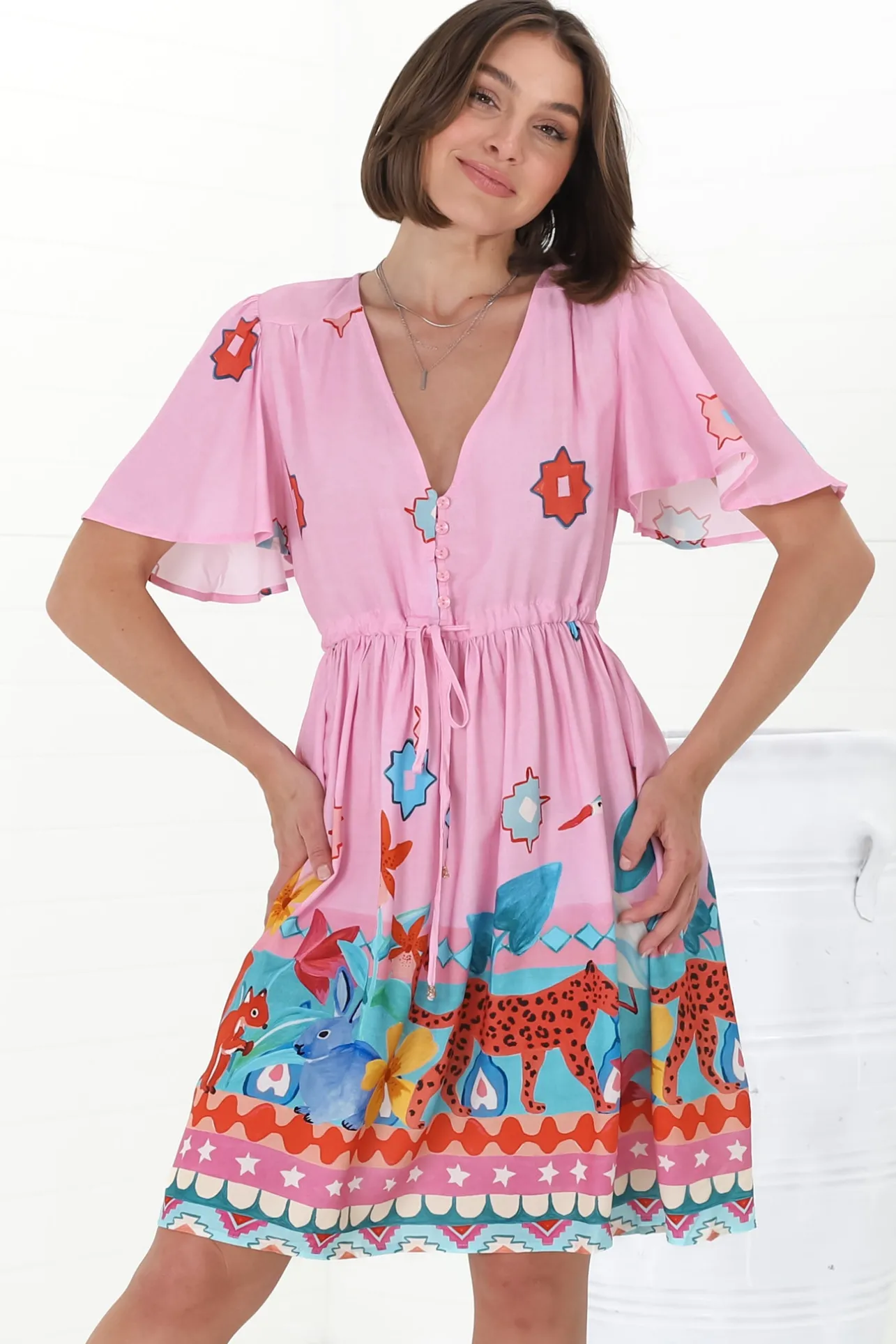 Pammy Mini Dress - Cape Sleeve Pull Tie Mini Dress in Pippa Print Pink>Salty Crush Sale