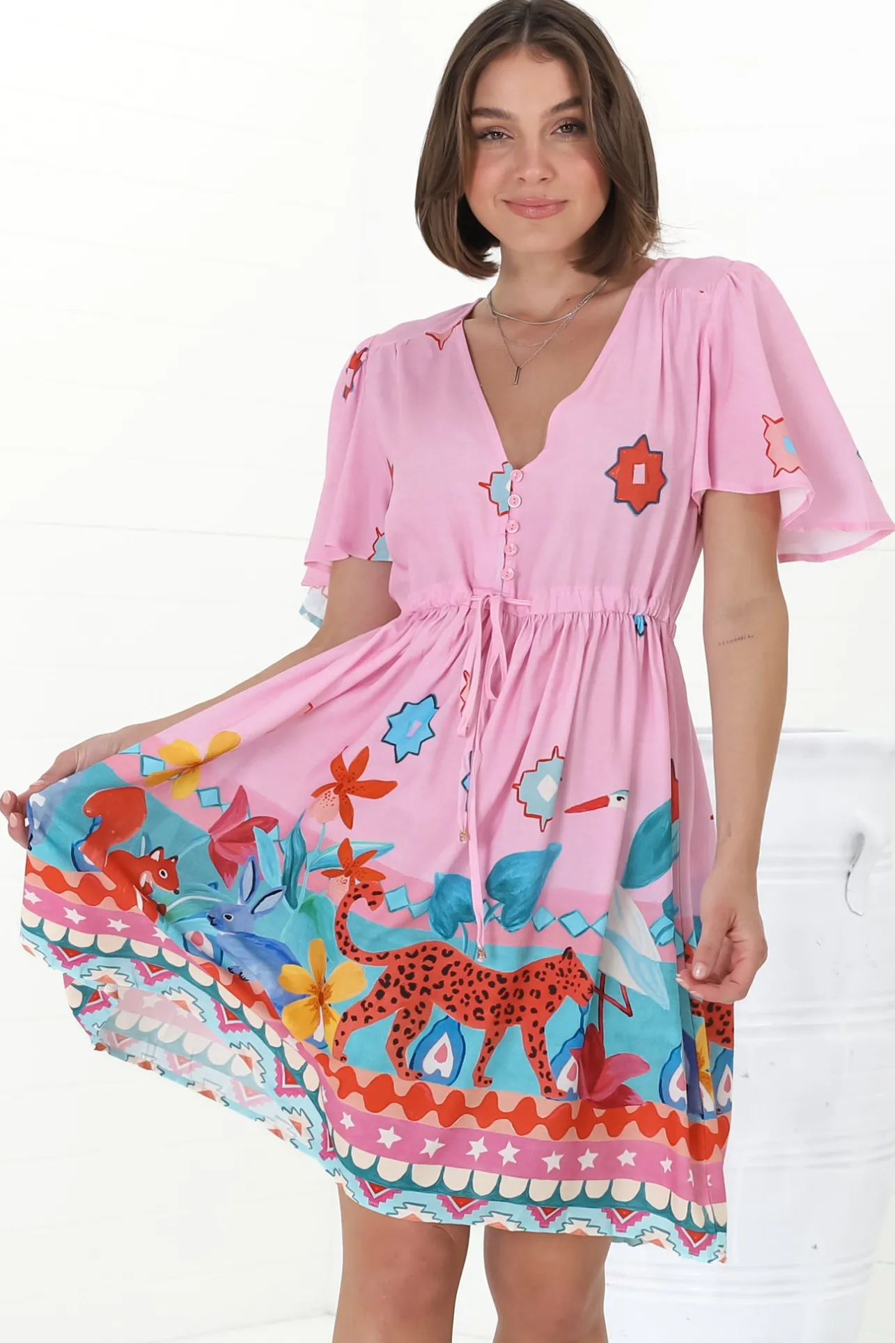Pammy Mini Dress - Cape Sleeve Pull Tie Mini Dress in Pippa Print Pink>Salty Crush Sale