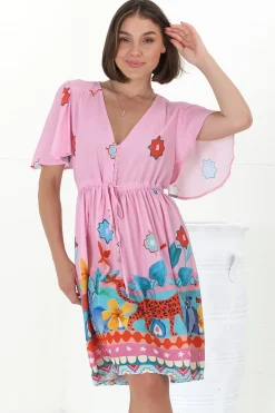 Pammy Mini Dress - Cape Sleeve Pull Tie Mini Dress in Pippa Print Pink><noscript><img width=