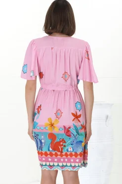 Pammy Mini Dress - Cape Sleeve Pull Tie Mini Dress in Pippa Print Pink><noscript><img width=