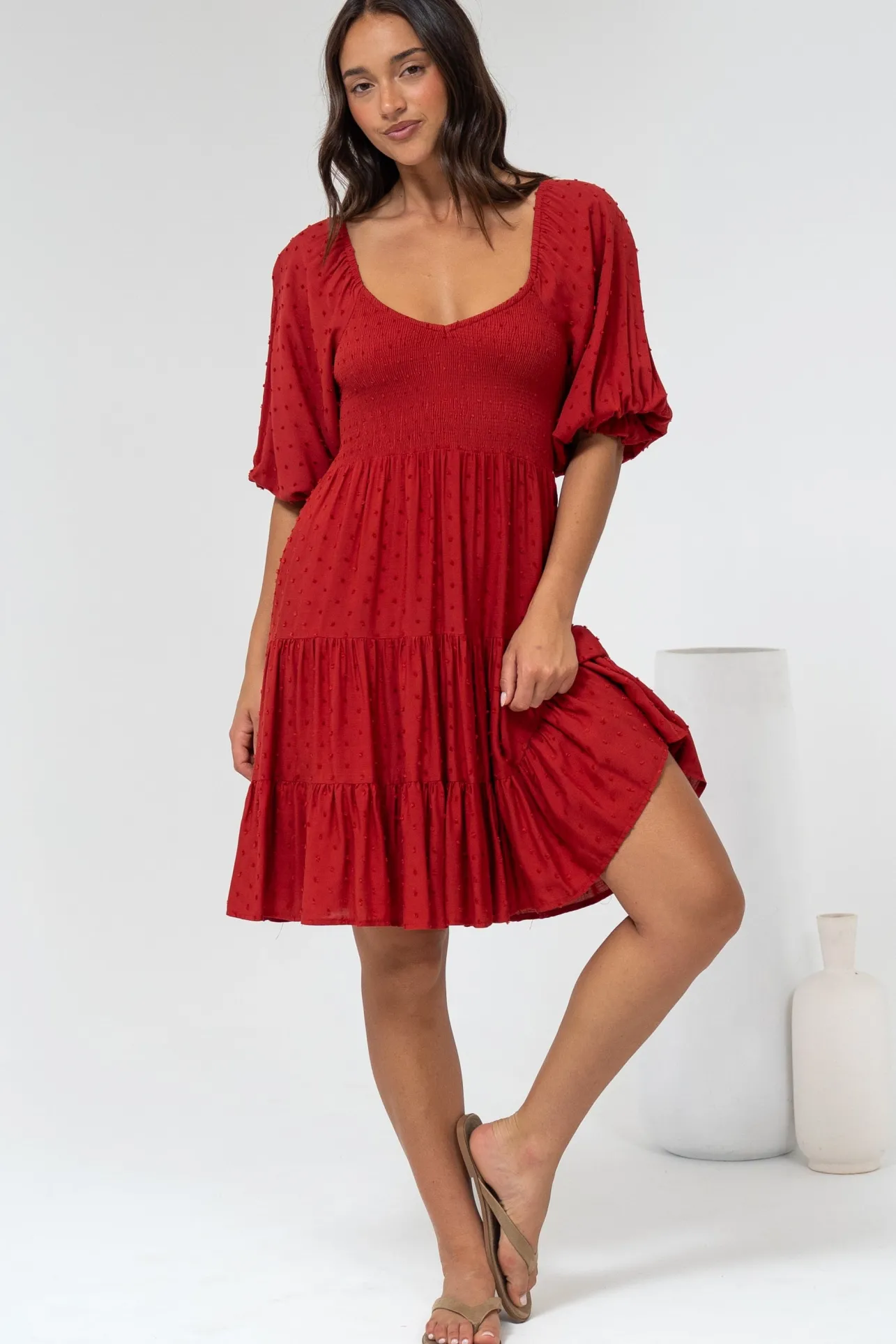 Parkley Mini Dress - On or Off Shoulder Textured Tiered Dress in Rust>Salty Crush New