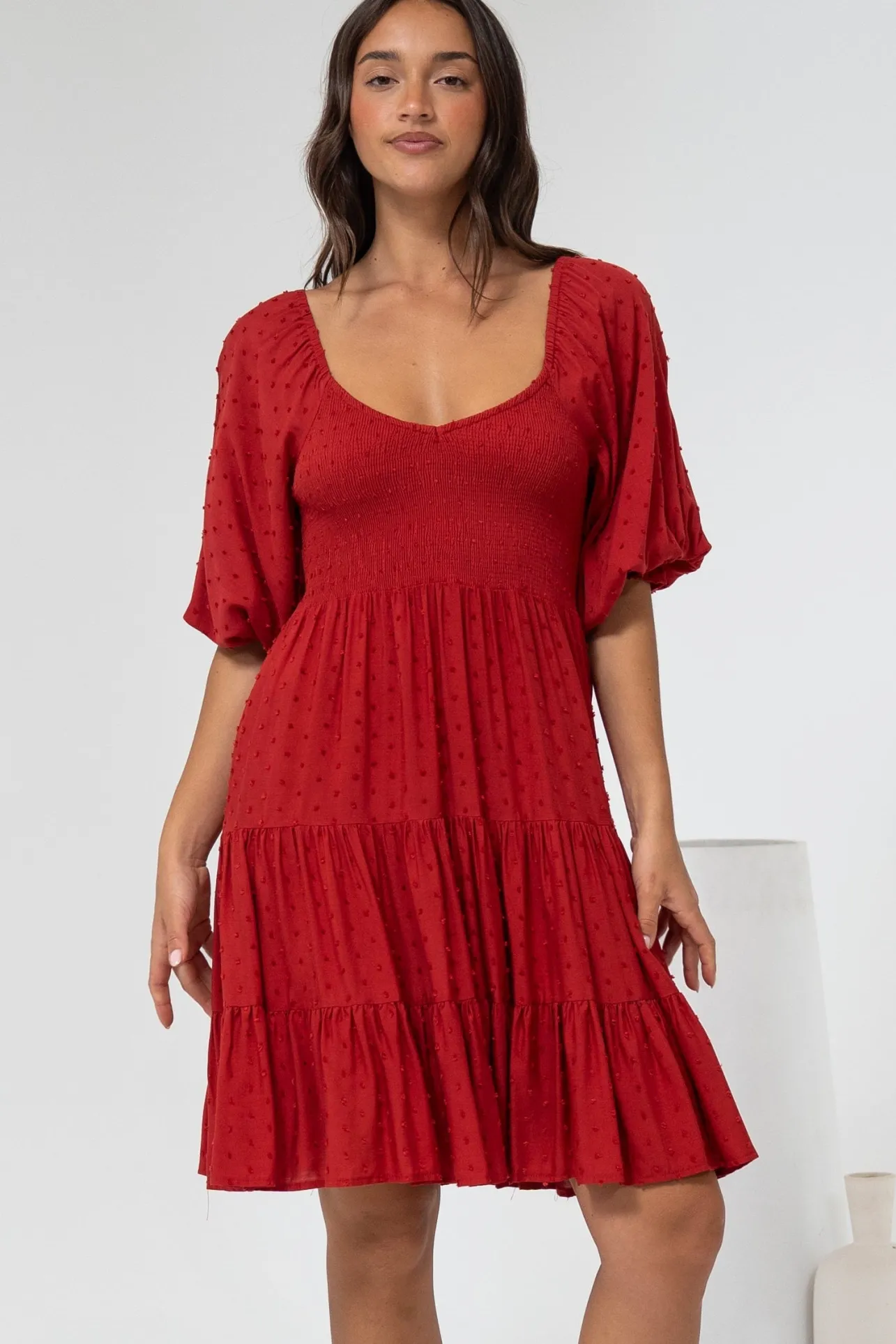 Parkley Mini Dress - On or Off Shoulder Textured Tiered Dress in Rust>Salty Crush New