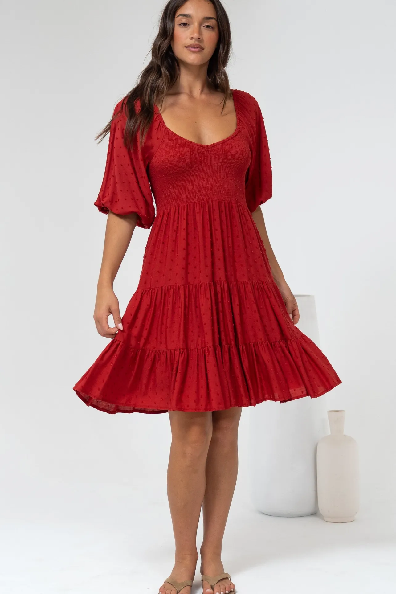 Parkley Mini Dress - On or Off Shoulder Textured Tiered Dress in Rust>Salty Crush New
