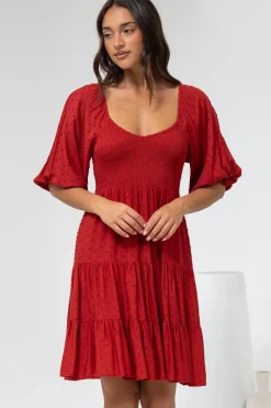 Parkley Mini Dress - On or Off Shoulder Textured Tiered Dress in Rust><noscript><img width=