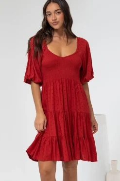 Parkley Mini Dress - On or Off Shoulder Textured Tiered Dress in Rust><noscript><img width=
