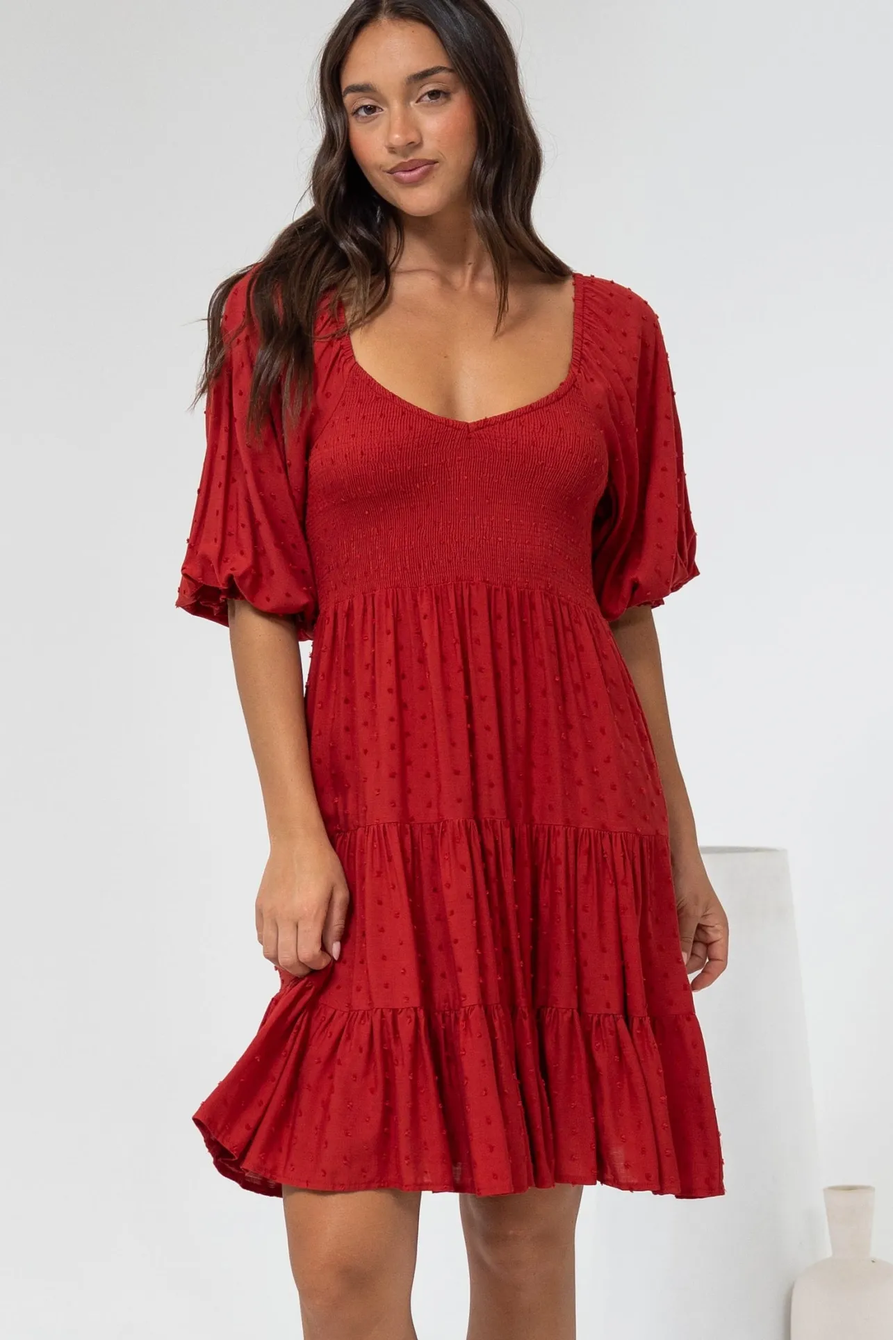 Parkley Mini Dress - On or Off Shoulder Textured Tiered Dress in Rust>Salty Crush New