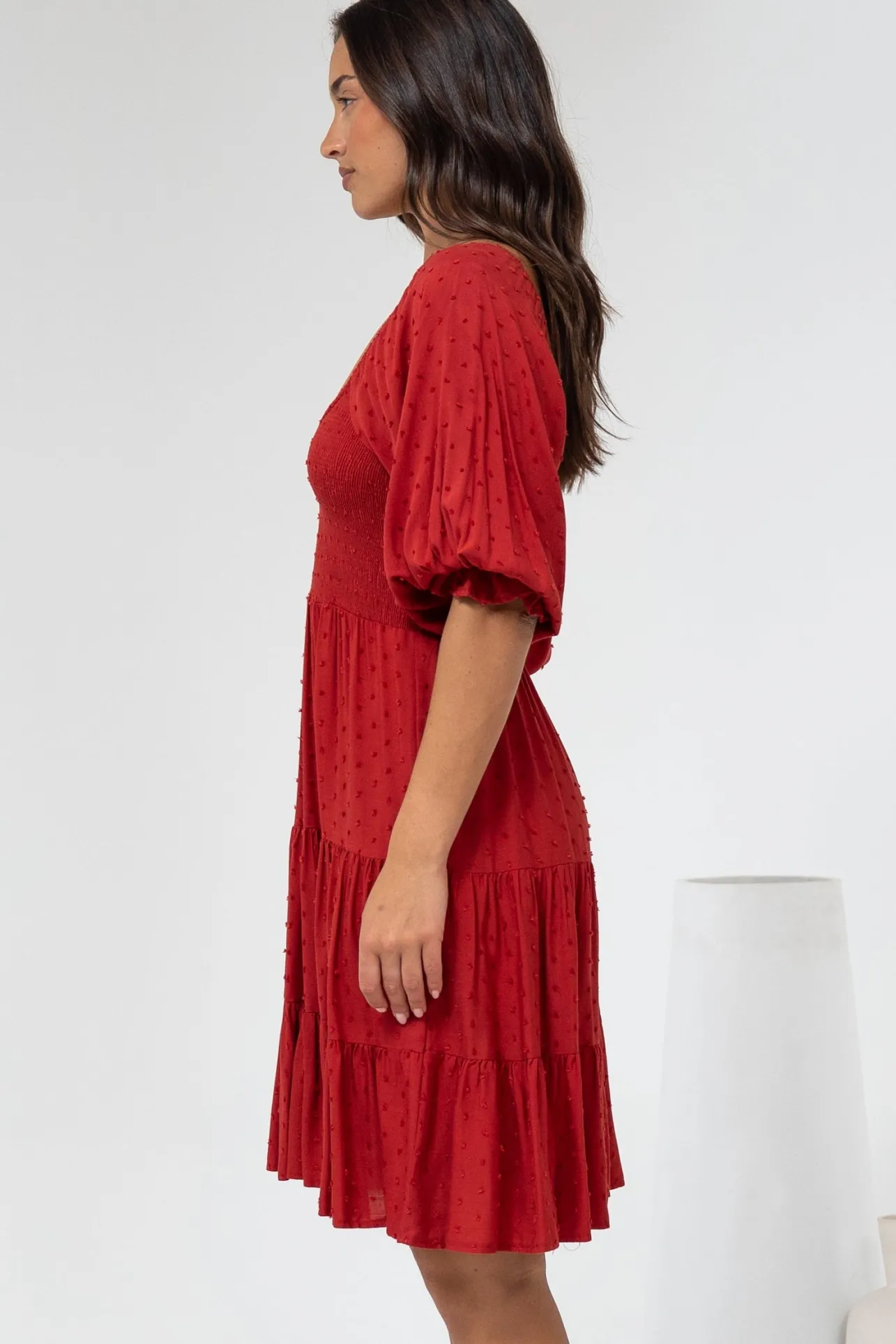Parkley Mini Dress - On or Off Shoulder Textured Tiered Dress in Rust>Salty Crush New