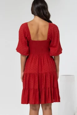 Parkley Mini Dress - On or Off Shoulder Textured Tiered Dress in Rust><noscript><img width=