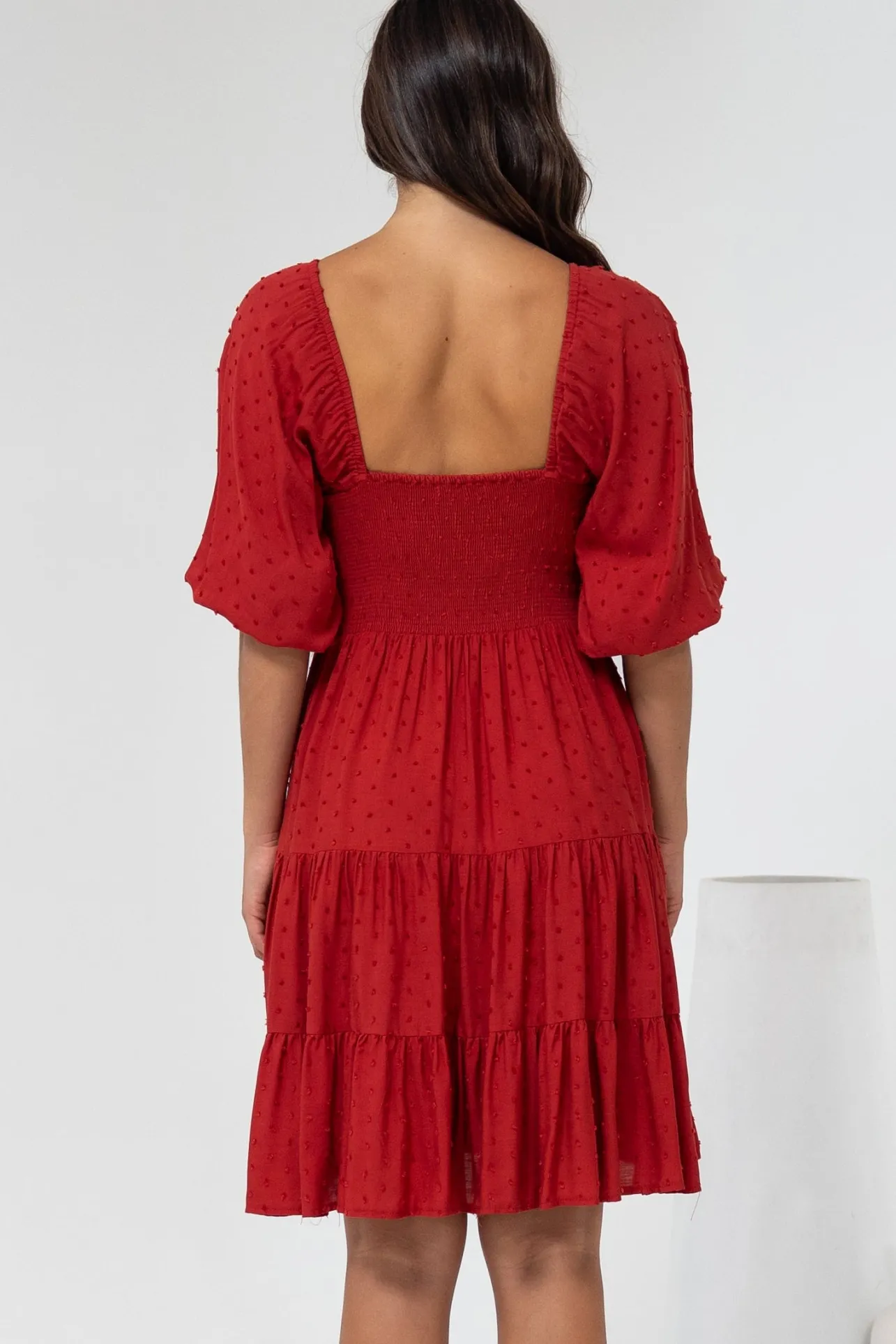Parkley Mini Dress - On or Off Shoulder Textured Tiered Dress in Rust>Salty Crush New