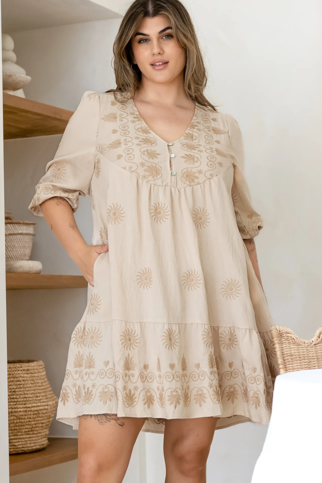 Patty Mini Dress - V-Neck Embroidered Babydoll Dress with 3/4 Sleeves in Solsana Print Beige>Salty Crush Outlet