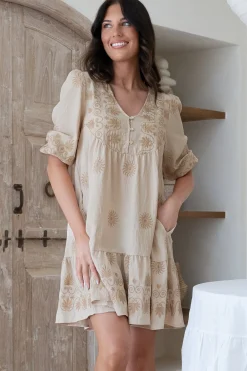 Patty Mini Dress - V-Neck Embroidered Babydoll Dress with 3/4 Sleeves in Solsana Print Beige><noscript><img width=