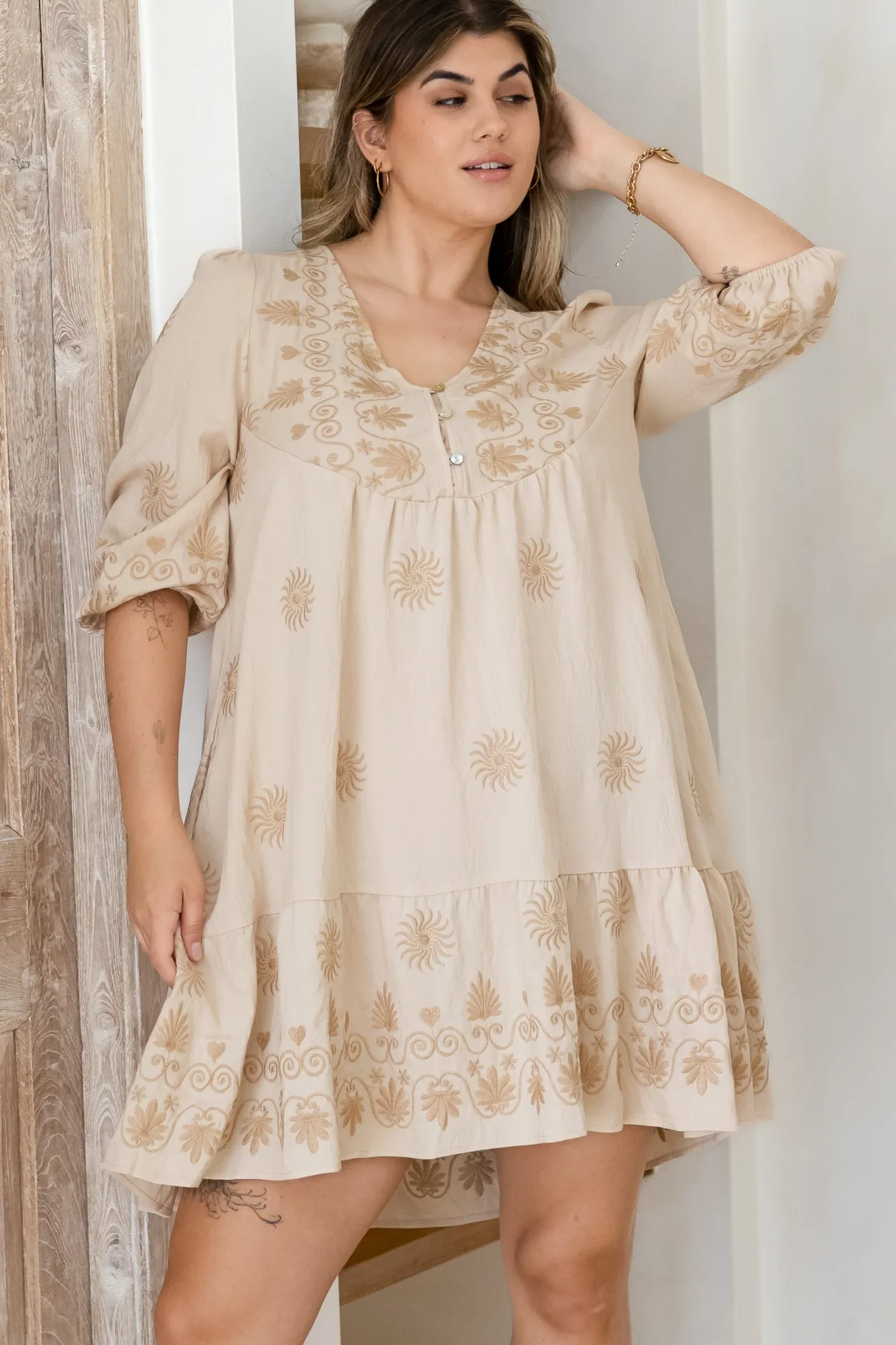Patty Mini Dress - V-Neck Embroidered Babydoll Dress with 3/4 Sleeves in Solsana Print Beige>Salty Crush Outlet