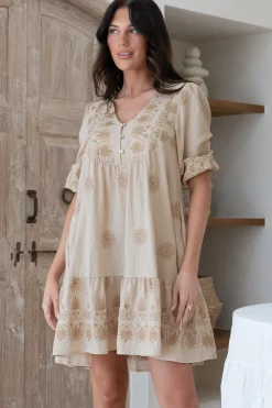 Patty Mini Dress - V-Neck Embroidered Babydoll Dress with 3/4 Sleeves in Solsana Print Beige><noscript><img width=