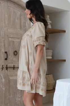 Patty Mini Dress - V-Neck Embroidered Babydoll Dress with 3/4 Sleeves in Solsana Print Beige><noscript><img width=