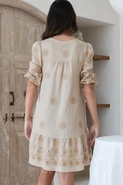 Patty Mini Dress - V-Neck Embroidered Babydoll Dress with 3/4 Sleeves in Solsana Print Beige><noscript><img width=
