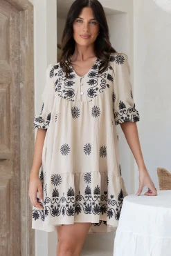 Patty Mini Dress - V-Neck Embroidered Babydoll Dress with 3/4 Sleeves in Solsana Print in Black>Salty Crush Discount