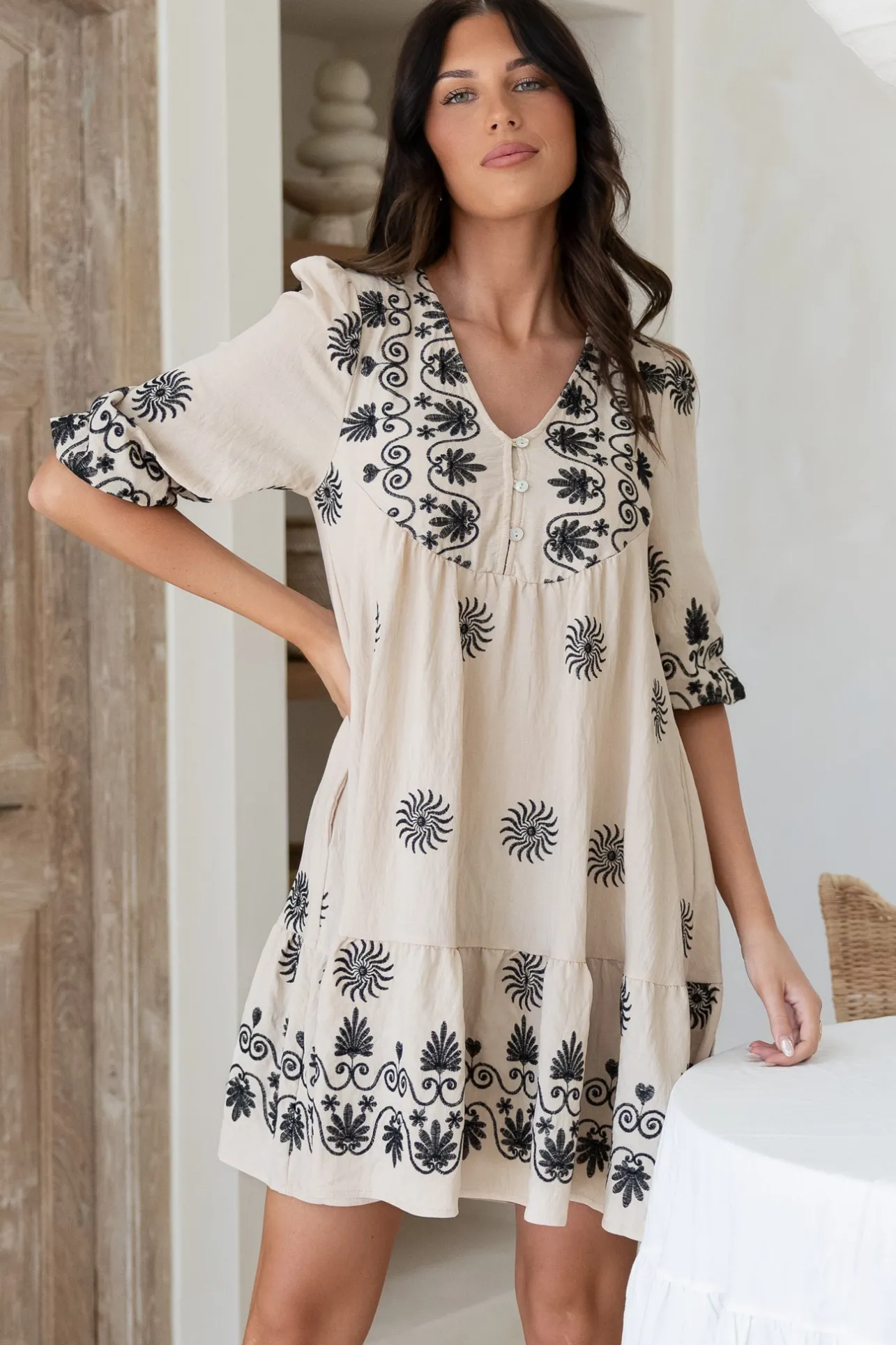 Patty Mini Dress - V-Neck Embroidered Babydoll Dress with 3/4 Sleeves in Solsana Print in Black>Salty Crush Discount