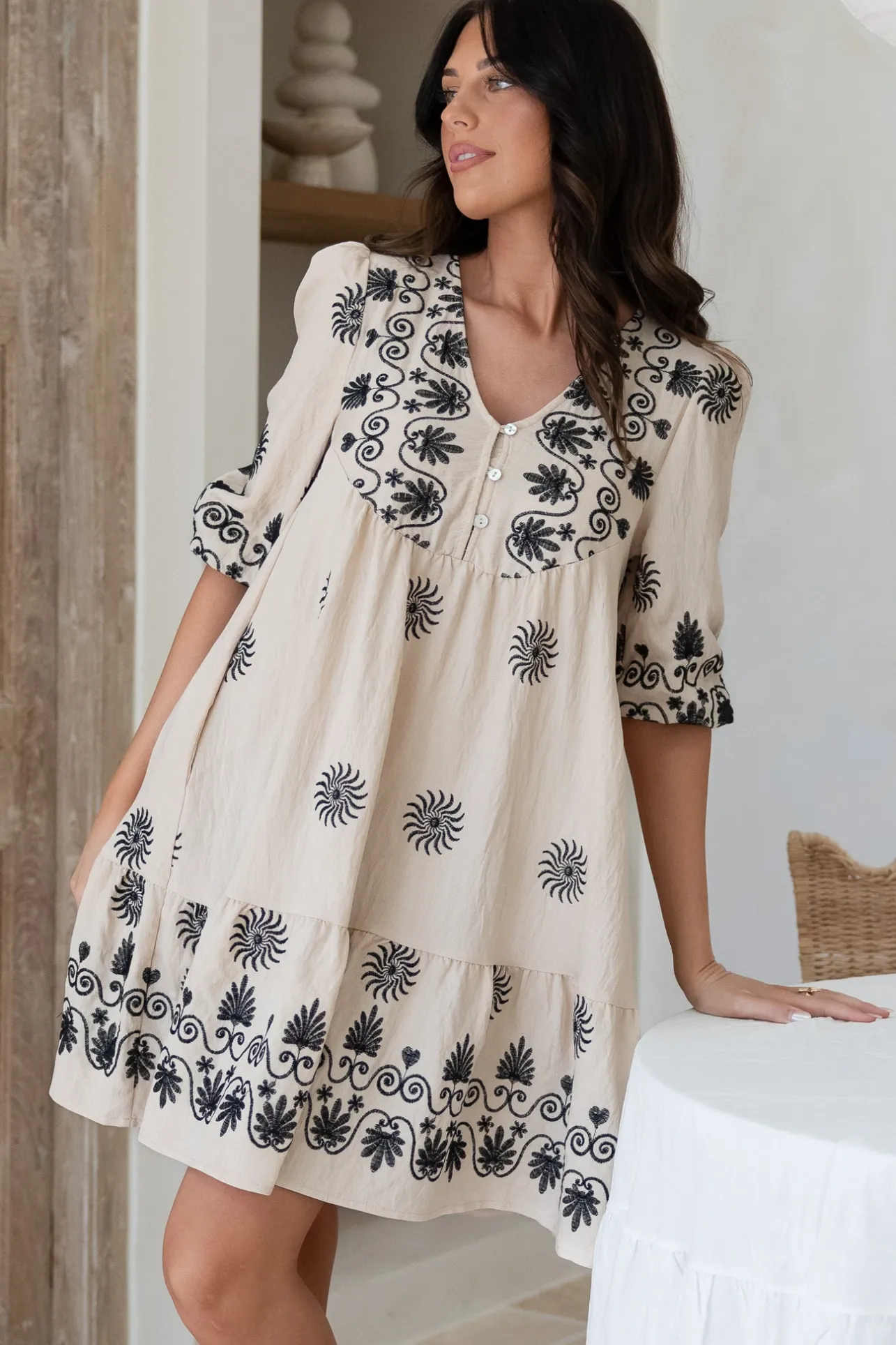 Patty Mini Dress - V-Neck Embroidered Babydoll Dress with 3/4 Sleeves in Solsana Print in Black>Salty Crush Discount