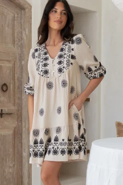 Patty Mini Dress - V-Neck Embroidered Babydoll Dress with 3/4 Sleeves in Solsana Print in Black><noscript><img width=