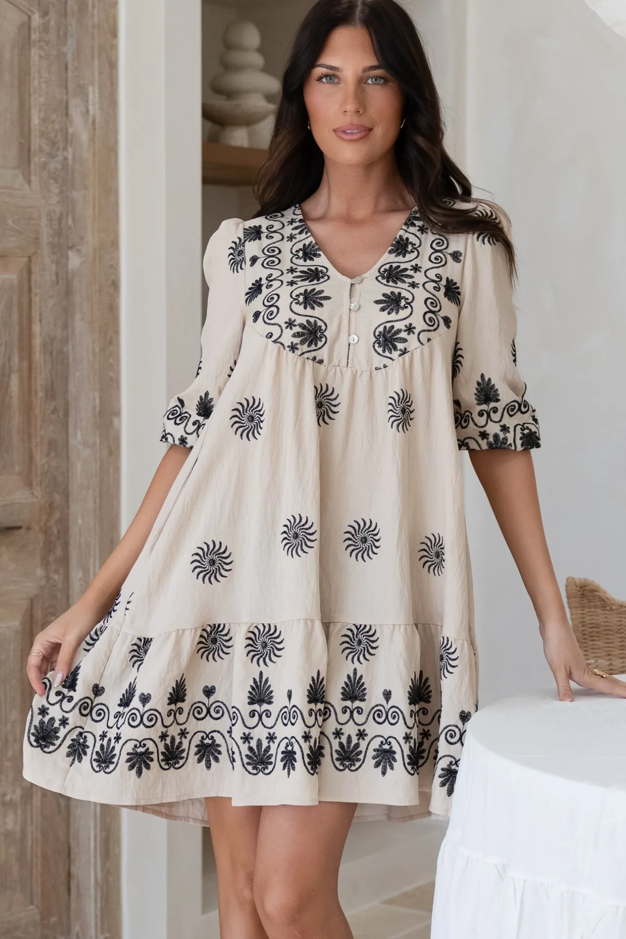 Patty Mini Dress - V-Neck Embroidered Babydoll Dress with 3/4 Sleeves in Solsana Print in Black>Salty Crush Discount