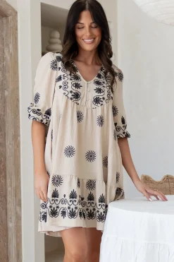 Patty Mini Dress - V-Neck Embroidered Babydoll Dress with 3/4 Sleeves in Solsana Print in Black><noscript><img width=