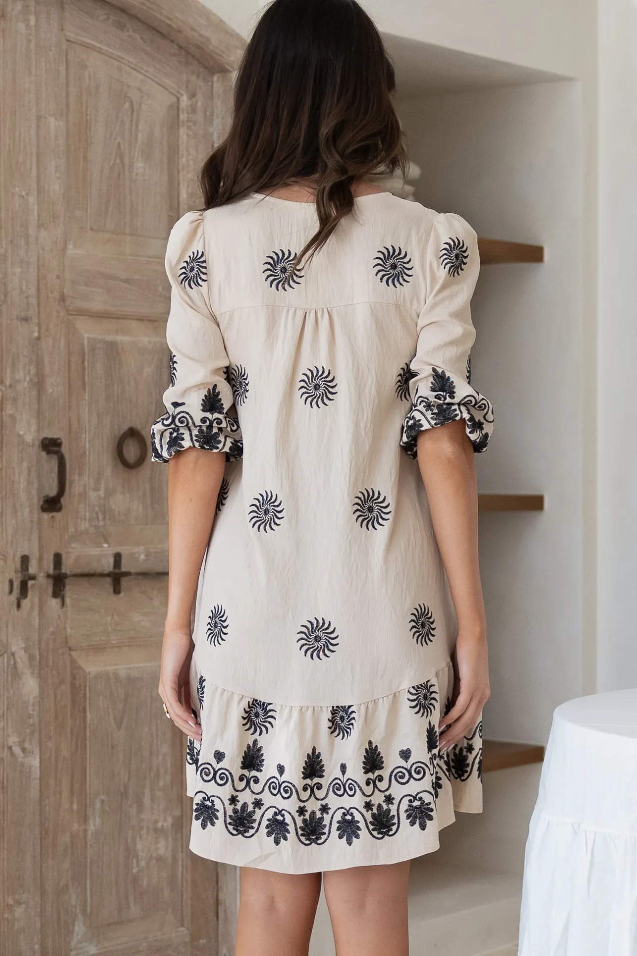 Patty Mini Dress - V-Neck Embroidered Babydoll Dress with 3/4 Sleeves in Solsana Print in Black>Salty Crush Discount