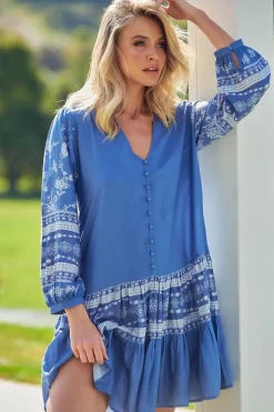 Payson Mini Dress - Border Print Button Down Balloon Sleeve Dress in Eshana Print Blue>Jaase Hot