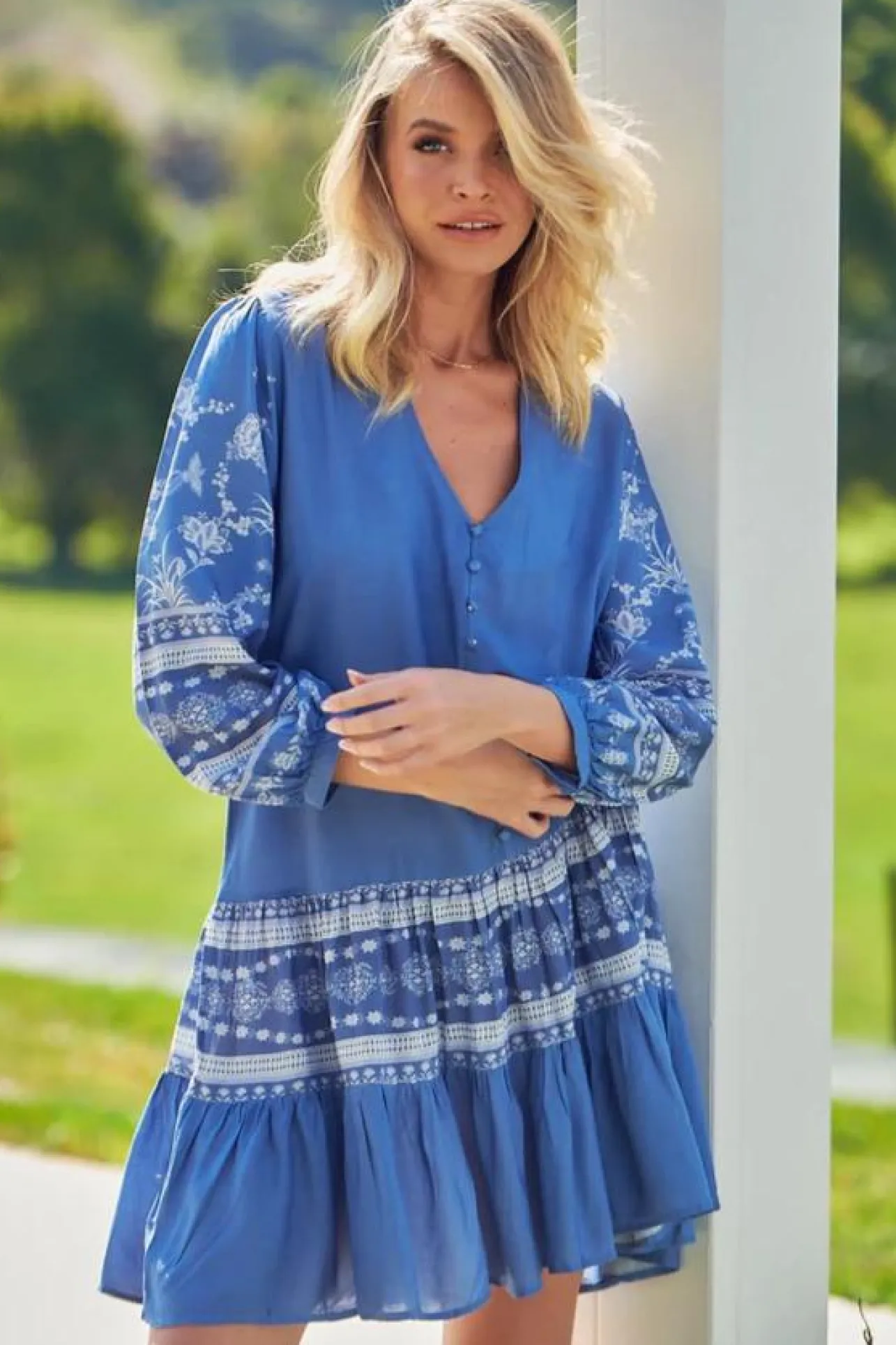 Payson Mini Dress - Border Print Button Down Balloon Sleeve Dress in Eshana Print Blue>Jaase Hot