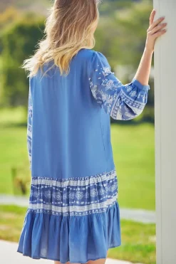Payson Mini Dress - Border Print Button Down Balloon Sleeve Dress in Eshana Print Blue><noscript><img width=