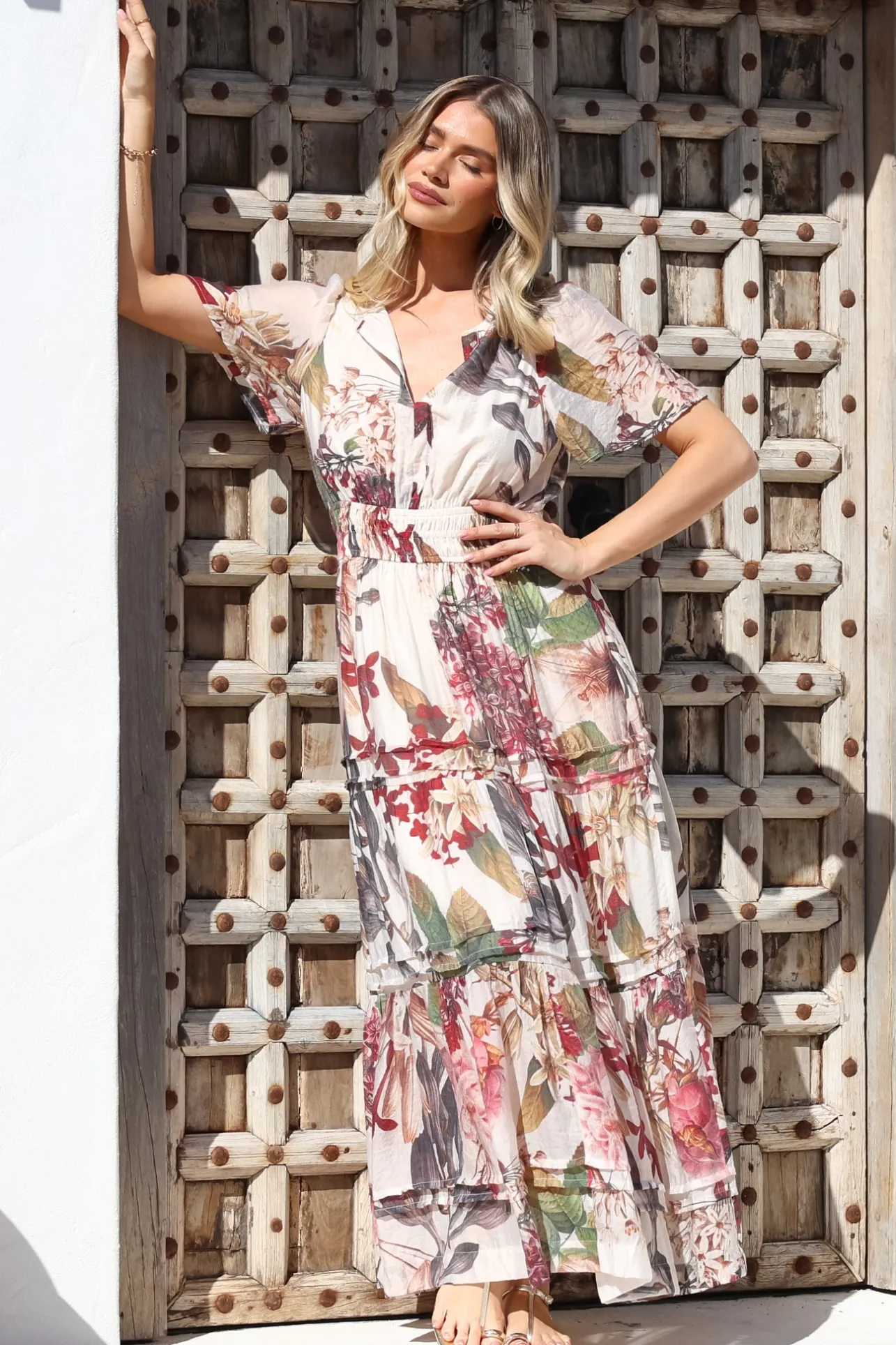Payton Maxi Dress - Pleat Detailed A-Line Dress with Cap Flutter Sleeves in Leonor Print>Salty Crush Outlet