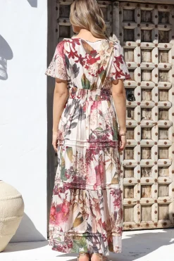 Payton Maxi Dress - Pleat Detailed A-Line Dress with Cap Flutter Sleeves in Leonor Print><noscript><img width=